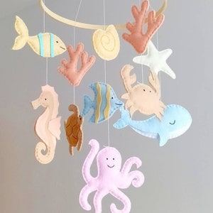 Pastel Colors Under the Sea Baby Mobile - Ocean Baby Mobile - Nautical Wooden Hoop Baby Mobile