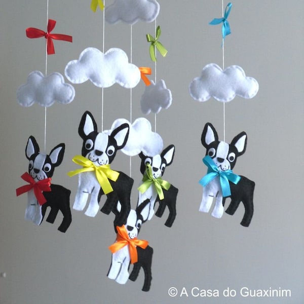 Boston Terrier Baby Mobile: Handmade Felt Dogs & Clouds Nursery Decor