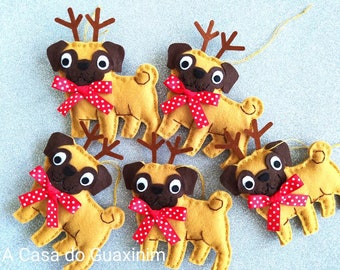 Conjunto de 5 Pugs - Adorno navideño - Decoración navideña - Reno Pug