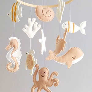 Beige and Ivory Colors Under the Sea Baby Mobile Ocean Baby Mobile Nautical Wooden Hoop Baby Mobile image 4