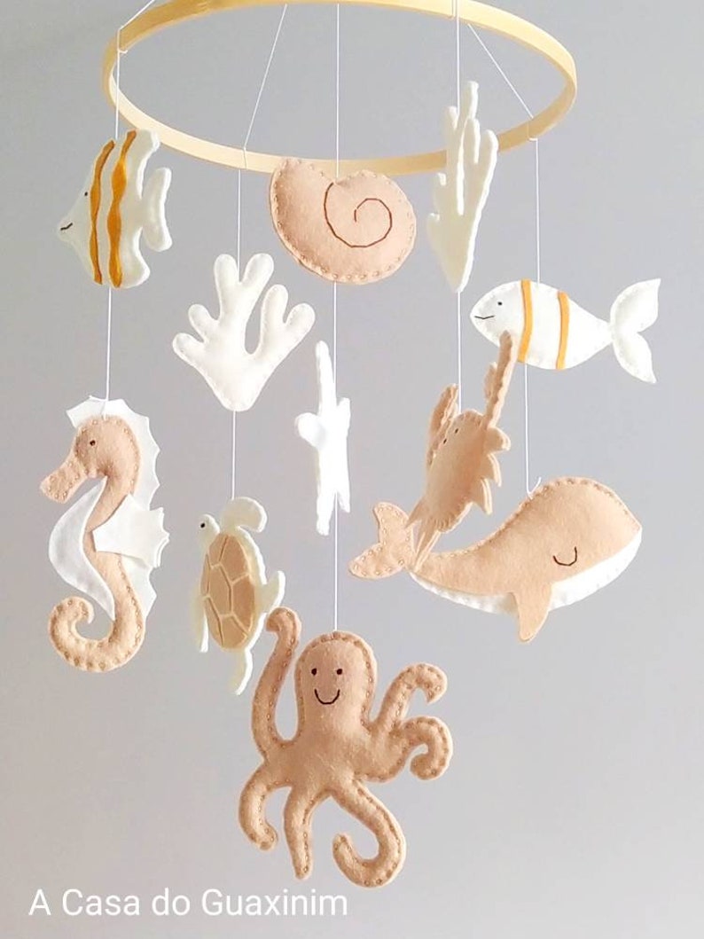 Beige and Ivory Colors Under the Sea Baby Mobile Ocean Baby Mobile Nautical Wooden Hoop Baby Mobile image 4