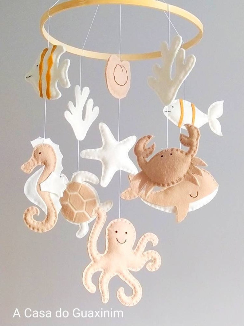 Beige and Ivory Colors Under the Sea Baby Mobile Ocean Baby Mobile Nautical Wooden Hoop Baby Mobile image 1