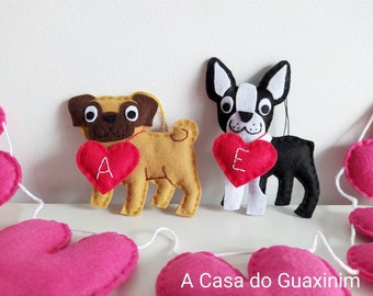 Regalo del Día de San Valentín - Adorno de fieltro para perros - Pug - Boston Terrier - Chihuahua - Dachshund - Bulldog Francés - Pastor Alemán