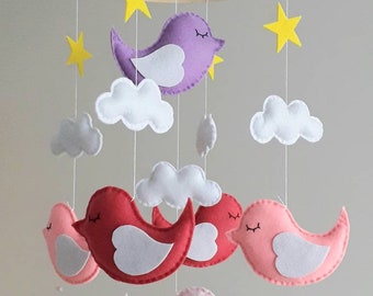 Birds, clouds and stars Baby Mobile - Wooden Hoop - Pink Birds Mobile