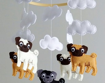 Pug Baby Mobile - Wooden Hoop Baby Mobile