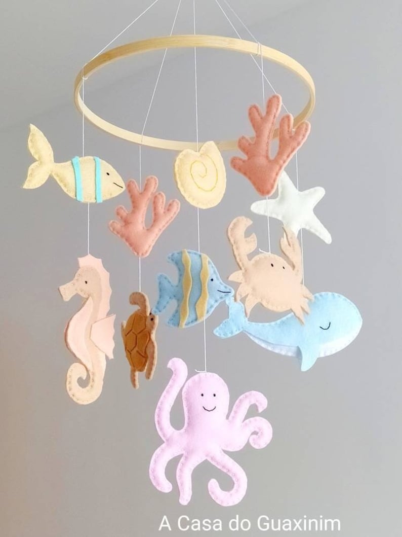 Pastel Colors Under the Sea Baby Mobile Ocean Baby Mobile Nautical Wooden Hoop Baby Mobile image 1