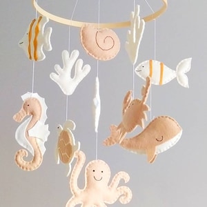 Beige and Ivory Colors Under the Sea Baby Mobile Ocean Baby Mobile Nautical Wooden Hoop Baby Mobile image 5