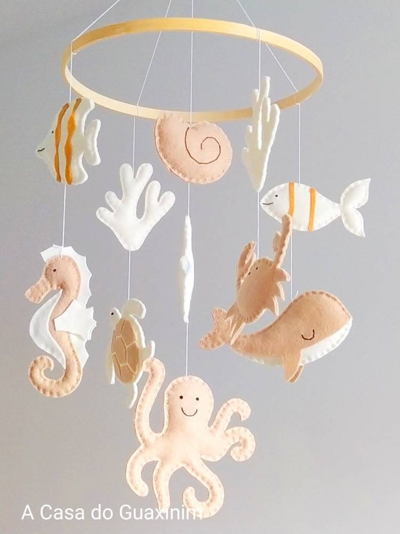 Beige and Ivory Colors Under the Sea Baby Mobile Ocean Baby Mobile Nautical Wooden Hoop Baby Mobile image 5