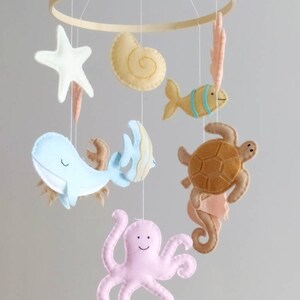 Pastel Colors Under the Sea Baby Mobile Ocean Baby Mobile Nautical Wooden Hoop Baby Mobile image 3