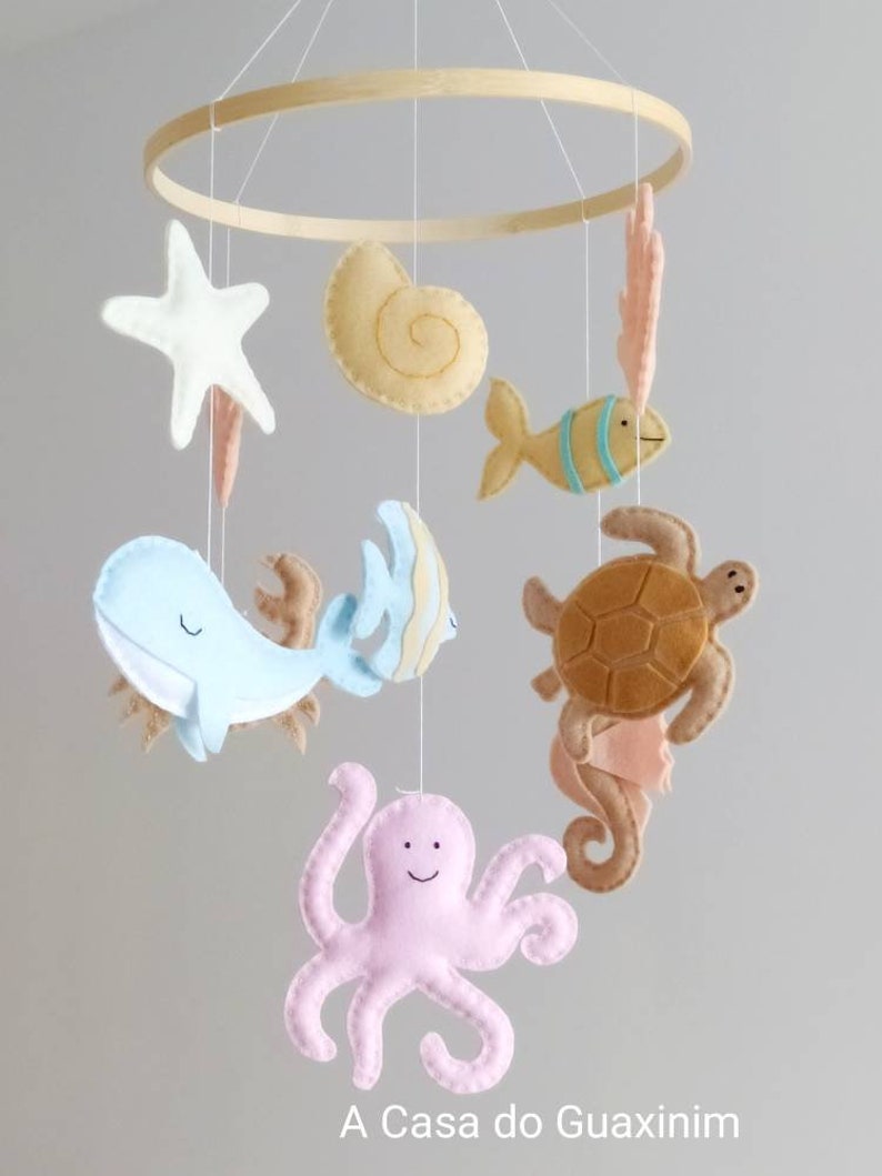 Pastel Colors Under the Sea Baby Mobile Ocean Baby Mobile Nautical Wooden Hoop Baby Mobile image 3