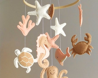 Under the Sea Baby Mobile - Felt Ocean Animals Nursery Decor - Ivory, peach and beige