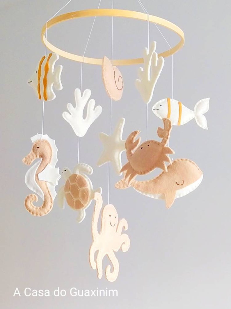 Beige and Ivory Colors Under the Sea Baby Mobile Ocean Baby Mobile Nautical Wooden Hoop Baby Mobile image 3