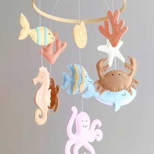 Pastel Colors Under the Sea Baby Mobile Ocean Baby Mobile Nautical Wooden Hoop Baby Mobile image 2