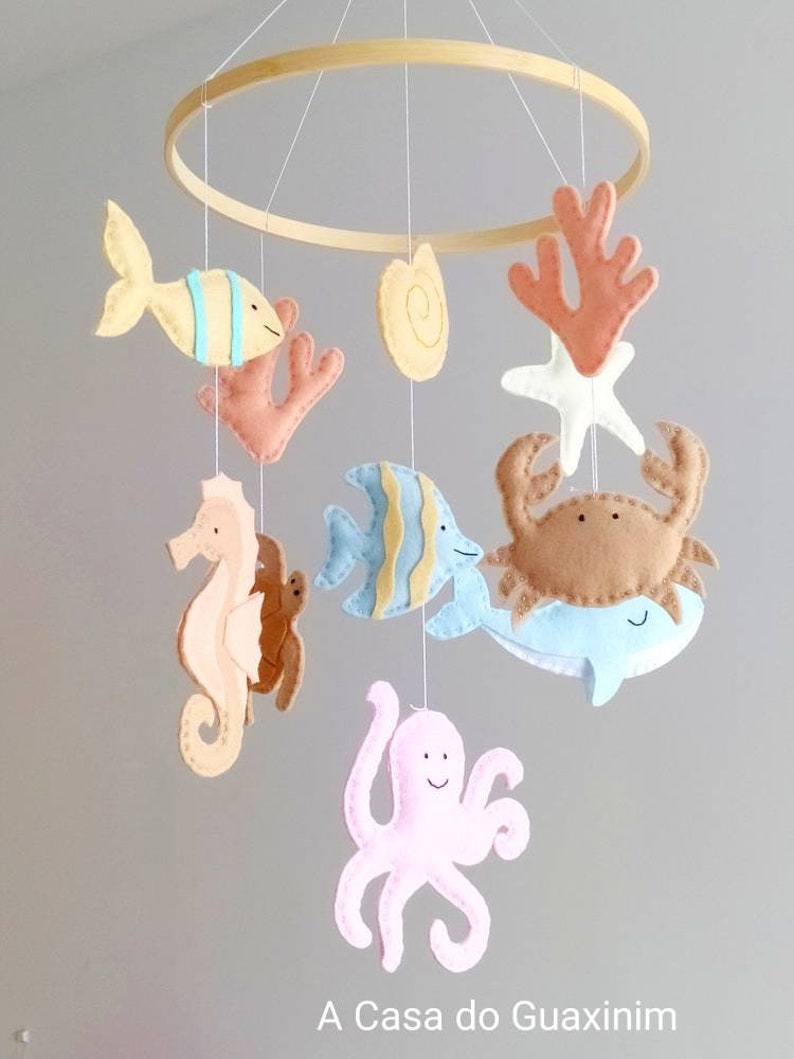 Pastel Colors Under the Sea Baby Mobile Ocean Baby Mobile Nautical Wooden Hoop Baby Mobile image 2