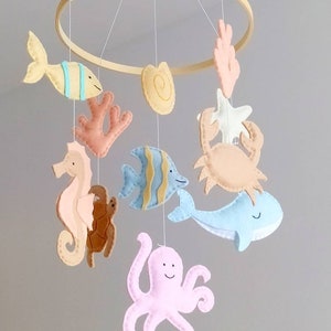 Pastel Colors Under the Sea Baby Mobile Ocean Baby Mobile Nautical Wooden Hoop Baby Mobile image 4