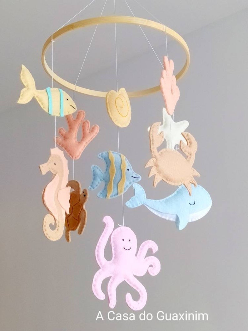 Pastel Colors Under the Sea Baby Mobile Ocean Baby Mobile Nautical Wooden Hoop Baby Mobile image 4