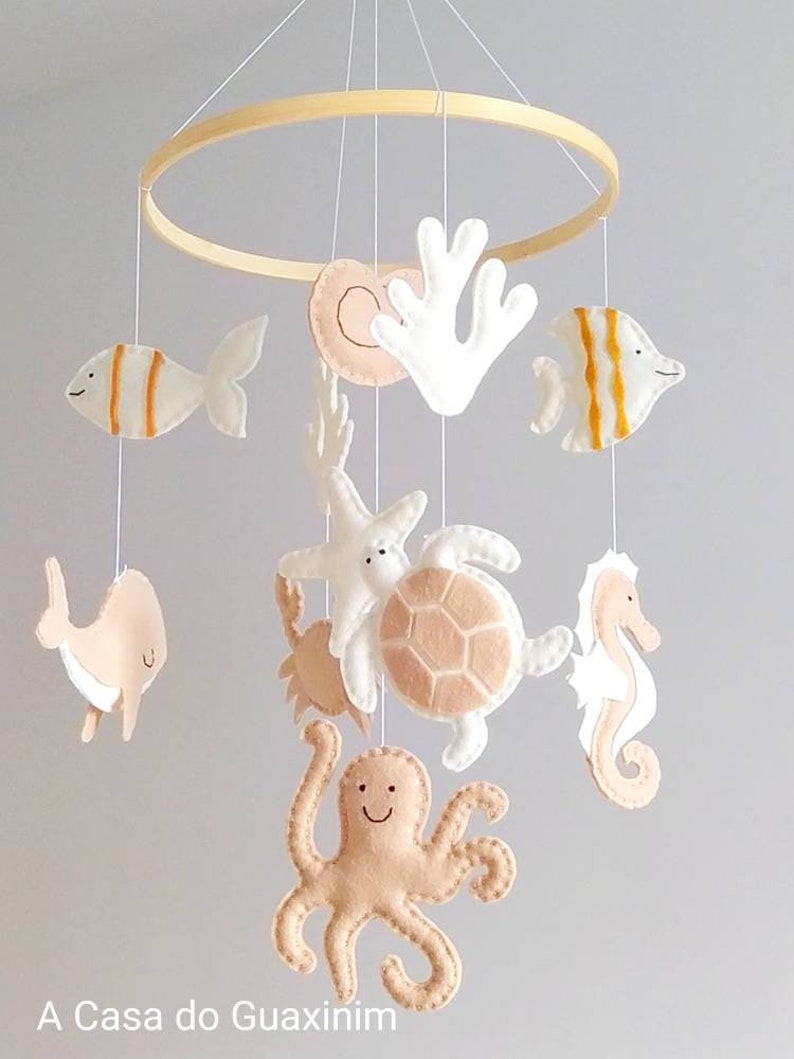 Beige and Ivory Colors Under the Sea Baby Mobile Ocean Baby Mobile Nautical Wooden Hoop Baby Mobile image 6