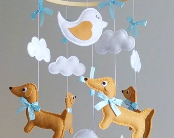 Dachshunds and Birds Baby Mobile - Wooden Hoop