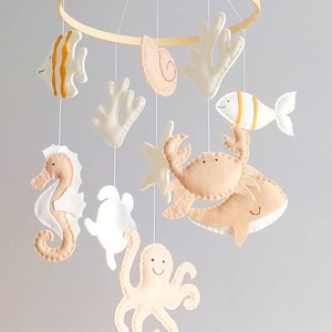 Beige and Ivory Colors Under the Sea Baby Mobile Ocean Baby Mobile Nautical Wooden Hoop Baby Mobile image 2