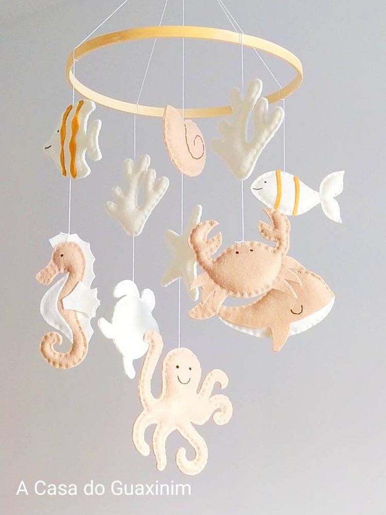 Beige and Ivory Colors Under the Sea Baby Mobile Ocean Baby Mobile Nautical Wooden Hoop Baby Mobile image 2