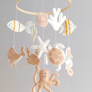 Beige and Ivory Colors Under the Sea Baby Mobile Ocean Baby Mobile Nautical Wooden Hoop Baby Mobile image 7