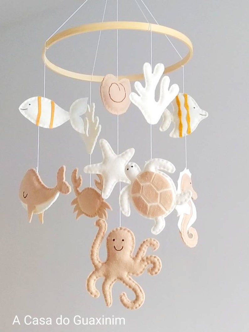 Beige and Ivory Colors Under the Sea Baby Mobile Ocean Baby Mobile Nautical Wooden Hoop Baby Mobile image 7