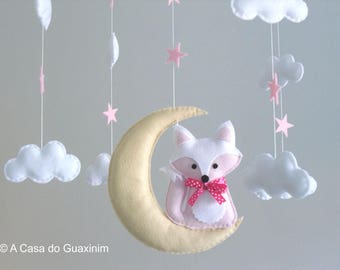 Fox and Moon Baby Mobile - Fox Baby Mobile - Wooden Hoop Baby Mobile