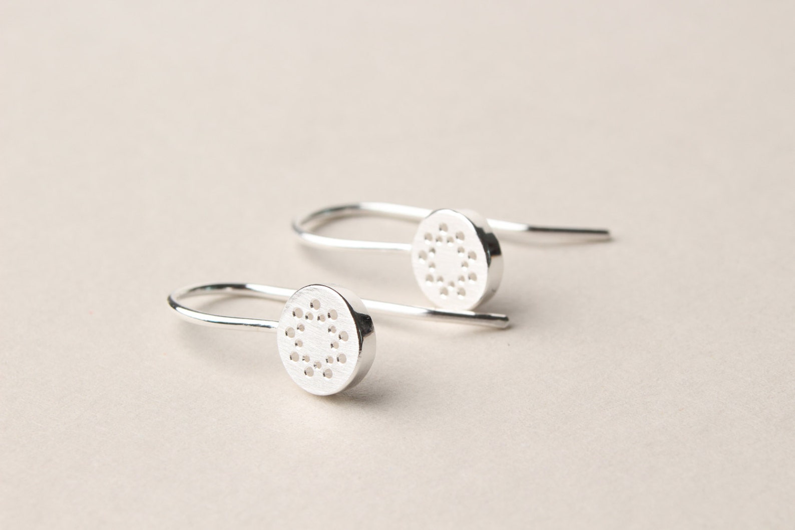 Round Dangle Earrings With Dot Pattern in Silver, Delicate Dangle ...