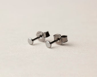 Simple modern dot stud earrings in blackruthenized silver small, dainty blackened silver circle earrings, minimalist disc earrings
