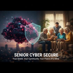 Puede incluir: Una imagen que promueve la ciberseguridad para personas mayores. Una nube digital con un gráfico de escudo está a la izquierda. Un grupo de personas mayores y una persona más joven miran una tableta. El texto dice "SENIOR CYBER SECURE".