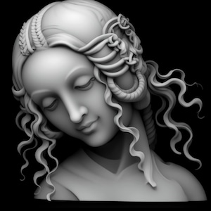 May include: A grayscale bust of a woman with closed eyes and flowing, curly hair. The sculpture features detailed facial features and ornate hair decorations, set against a stark black background. The woman's expression is serene.