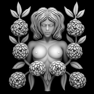 May include: A grayscale sculpture of a woman with floral elements. The woman has short, wavy hair and is surrounded by stylized flowers and leaves. The sculpture is set against a black background.