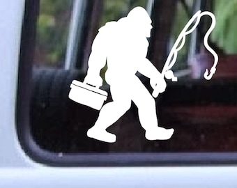 Bigfoot Gone Fishing Vinyl Decal, Sasquatch Car Window Sticker