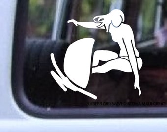 Surfer Girl Vinyl Decal, Wave Car Window Sticker, Made in Hawaii