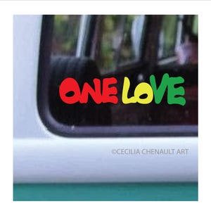 May include: A red, yellow, and green "One Love" decal sticker on a car window.