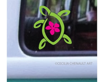 Turtle Plumeria Decal Item #161c, Sea Life Decal, Modern Turtle Decal, Wall Decals, Car window Decal, Lap Top Decal