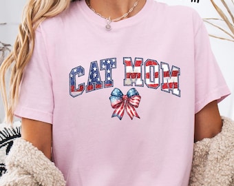 Comfort Colors® Patriotic Cat Mom Shirt, American Flag Bow T-shirt, Fourth of July Long Sleeve, Red White and Blue Youth Tee, Pet Lover Gift