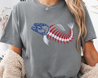 Comfort Colors® Patriotic Fish Skeleton Shirt, American Flag Fishing T-shirt, Nautical Long Sleeve, Bass Angler Youth Tee, USA Pride Gift