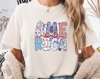 Comfort Colors® America Bow Shirt, Floral Patriotic T-shirt, Fourth of July Long Sleeve, Red White and Blue Youth Tee, Preppy American Gift