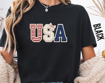 Comfort Colors® USA Coquette Bow Shirt, Patriotic Patchwork Tee, 4th of July T-Shirt, Long Sleeve Shirt, Youth Shirt, Feminine Aesthetic Tee