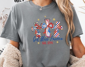 Comfort Colors® God Bless America Cross Shirt, Faith Patriotic T-Shirt, 1776 Cross Tee, Long Sleeve Shirt, Youth Shirt, 1776 T-shirt