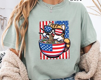 Comfort Colors® Ramen Cat USA Shirt Retro 4th of July T-Shirt Funny Patriotic Cat Tee Kawaii Anime Youth Shirt Long Sleeve 1717 Vintage Top