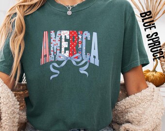 Comfort Colors® America Coquette Bow Shirt, 4th of July T-Shirt, Patriotic Cherry Tee, Long Sleeve, Youth Shirt, Trendy Aesthetic