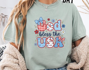 Comfort Colors® God Bless the USA Shirt, Patriotic Bow T-shirt, Fourth of July Long Sleeve, Red White and Blue Youth Tee, American Flag Gift