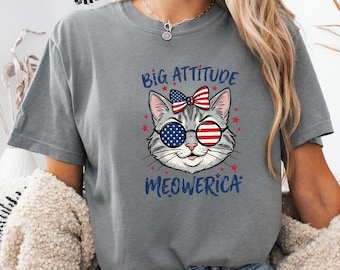 Comfort Colors® Meowerica Cat Shirt, Big Attitude Patriotic T-shirt,Funny Fourth of July Long Sleeve,USA Flag Kitty Youth Tee,Cat Lover Gift