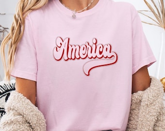 Comfort Colors® Retro America Shirt Vintage Script Patriotic T-Shirt 70s Style USA Tee Red Black Long Sleeve Youth T-Shirt Varsity Holiday