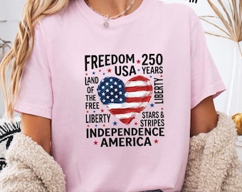 Comfort Colors® 250 Years USA Heart Shirt, Freedom Land of the Free T-shirt, Patriotic Long Sleeve Shirt, Independence 2028 Youth Tee, Gift