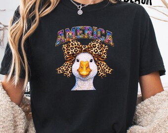 Comfort Colors® America Silly Goose Shirt, Leopard Bow Patriotic T-shirt, Fourth of July Long Sleeve, Funny USA Youth T-shirt, Animal Gift