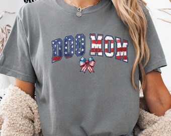 Comfort Colors® Patriotic Dog Mom Shirt, American Flag Bow T-shirt, Fourth of July Long sleeve shirt, Red White and Blue Youth Tee, Pet Gift