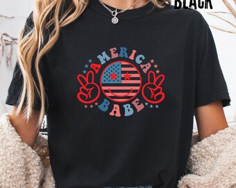 Comfort Colors® America Babe Shirt Retro, 4th of July T-Shirt, Groovy USA Smiley Face Tee,Patriotic Youth Shirt Long Sleeve 1717 Vintage Top